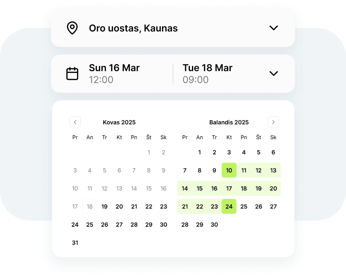 Išsirinkite tinkamas datas ir paėmimo lokaciją